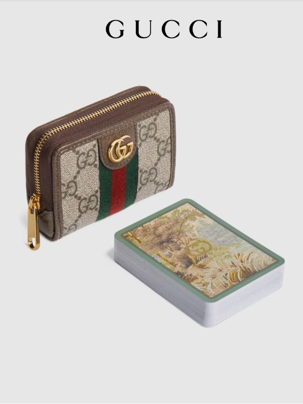 Gucci Gray GG Canvas Wallet with Green and Red Web Stripe and Gold Double G